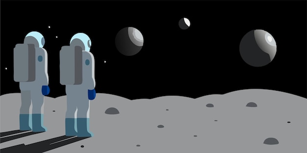 una caricatura de un astronauta en la luna con planetas en el fondo