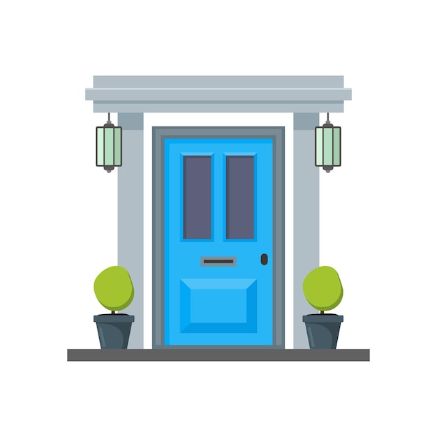 Caricatura, azul, puerta delantera, de, casa, vector