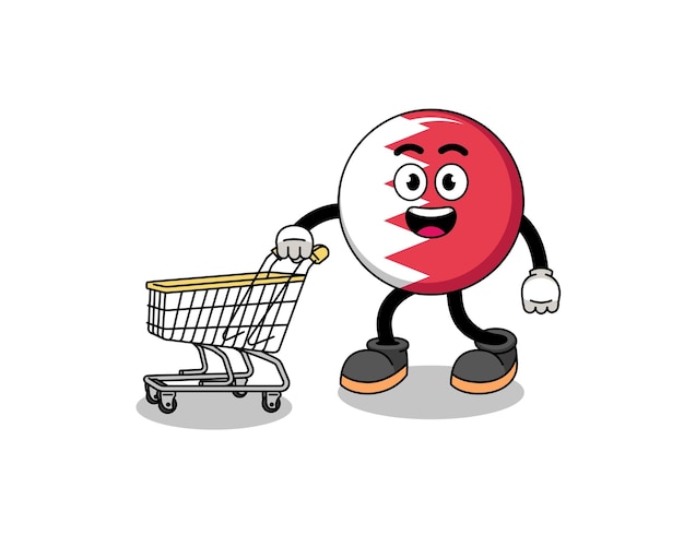 Caricatura de bandera de bahrein sosteniendo un carrito de compras