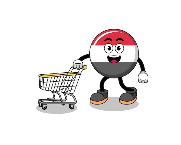Caricatura de la bandera de yemen sosteniendo un carrito de compras