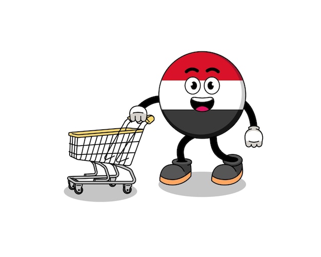 Caricatura de la bandera de yemen sosteniendo un carrito de compras