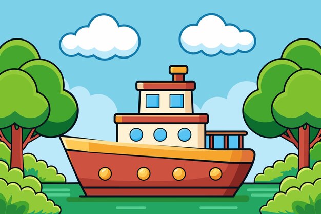 Vector una caricatura de un barco rojo con árboles en el fondo