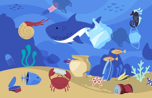 Caricatura de basura submarina Vida silvestre marina contaminada con desechos plásticos Animales oceánicos con pajitas y bolsas de plástico Ilustración vectorial