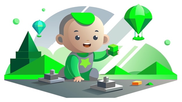 una caricatura de un bebé en un traje verde con una estrella verde en la cabeza