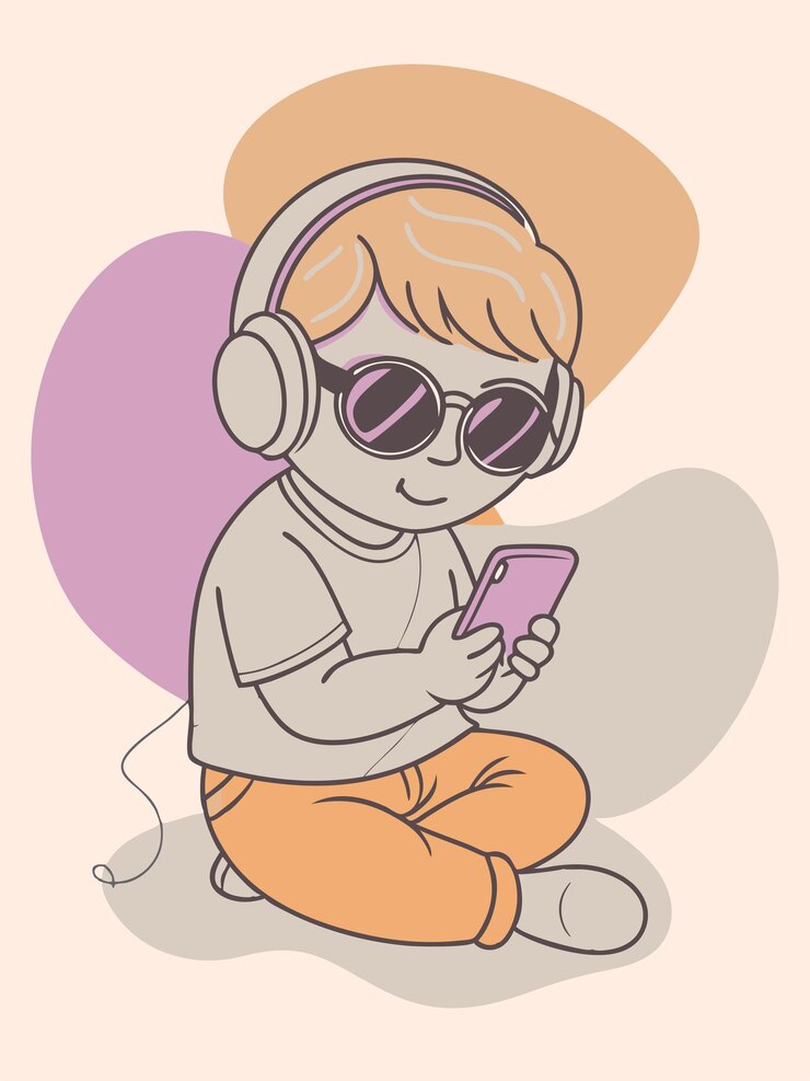 una caricatura de un bebé usando auriculares y sosteniendo un teléfono celular