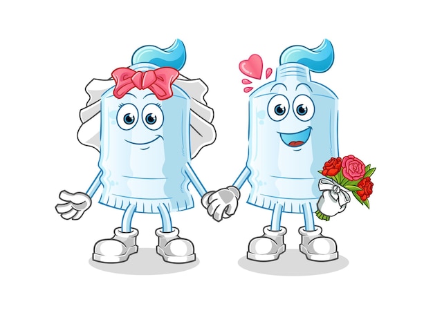 Caricatura de boda con pasta de dientes. vector de mascota de dibujos animados