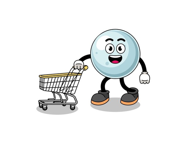 Caricatura de bola de plata sosteniendo un carrito de compras