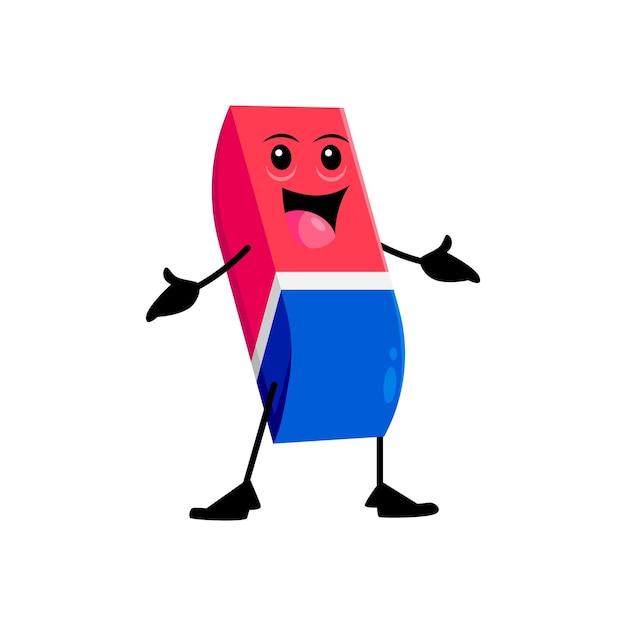 Caricatura de borrador alegre personaje de papelería escolar gracioso con una cara sonriente y colores vibrantes listo para borrar errores con una actitud amistosa herramienta de estudiante vectorial aislado con emociones felices