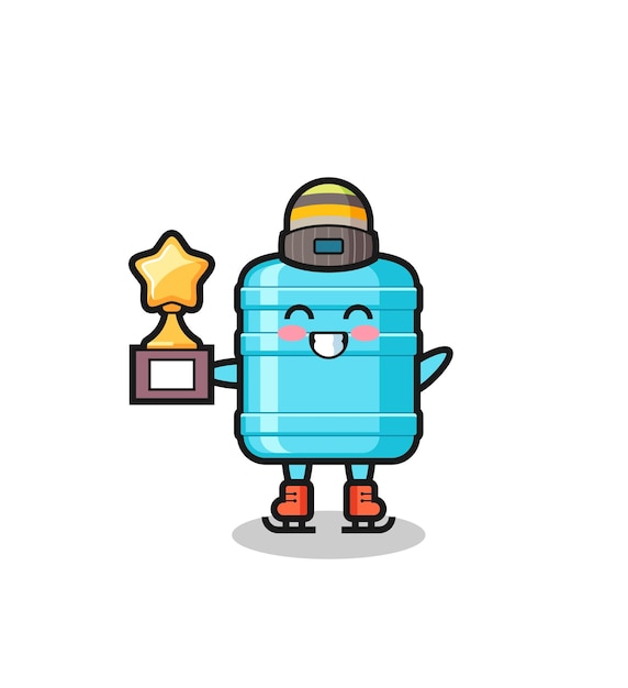 Caricatura de una botella de agua de un galón como jugador de patinaje sobre hielo con el trofeo de ganador