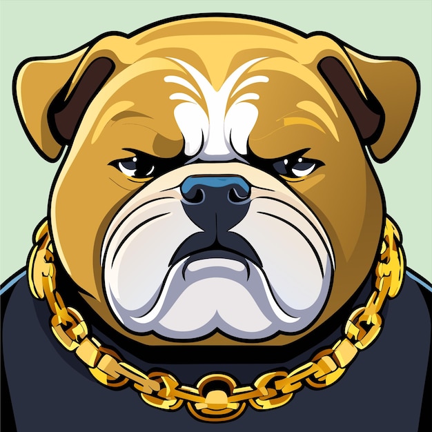 Vector caricatura de un bulldog con una cadena de oro dibujada a mano, plana, elegante, con un adhesivo de dibujos animados, el concepto del icono está aislado.