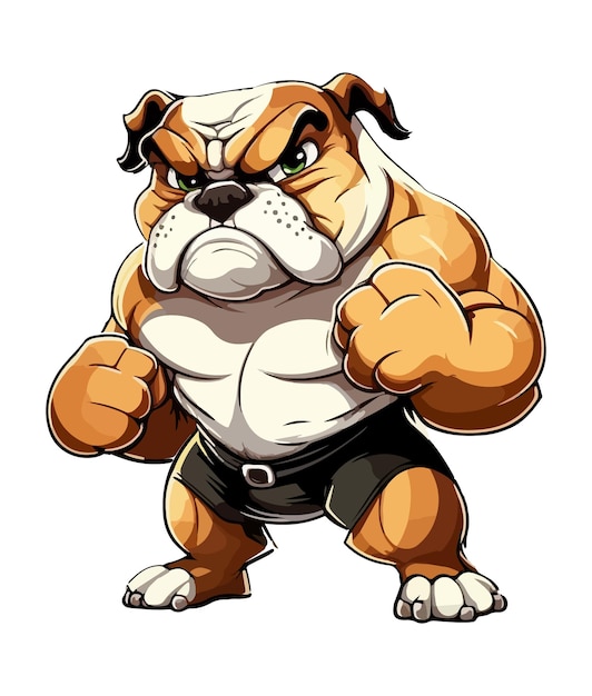 Una caricatura de un bulldog con cinturón negro y pantalones cortos.