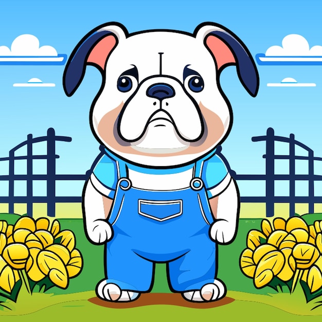 Caricatura de bulldog lindo cuerpo entero camiseta blanca cálida y vaqueros marinos pantalones azules largos de pie en la granja