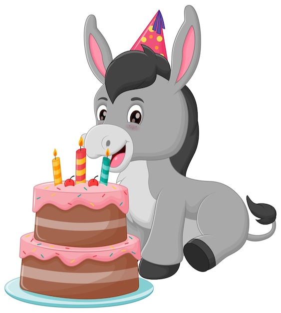 Caricatura de burro con ilustración vectorial de pastel de cumpleaños concepto de icono de naturaleza animal