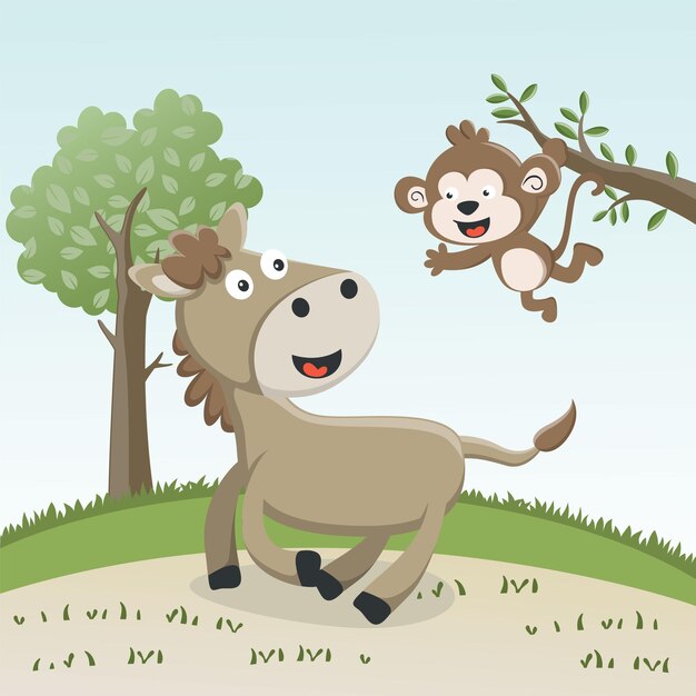 Caricatura de caballo feliz en la granja Vector fondo infantil para niños