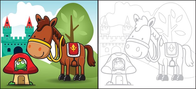 Vector caricatura de caballo con rana con corona en casa de setas en el fondo del castillo. libro para colorear o página