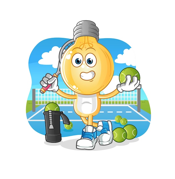 La caricatura de la cabeza de la bombilla juega a la ilustración de tenis. vector de caracteres