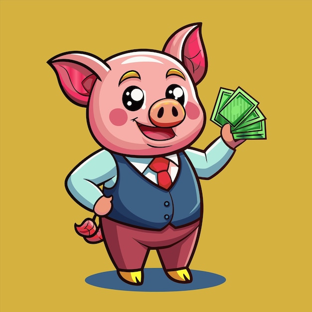 una caricatura de una caja de ahorros con un hombre en un traje sosteniendo un paquete de dinero