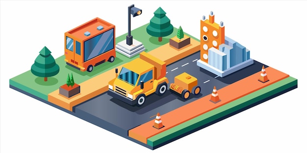 una caricatura de una calle de la ciudad con un camión y un edificio