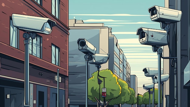 Vector una caricatura de una cámara en una calle de la ciudad
