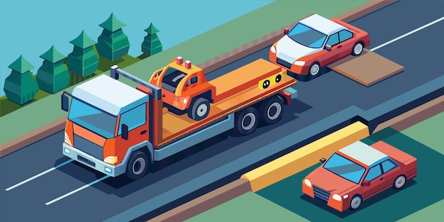 una caricatura de un camión de remolque conduciendo por una carretera con coches