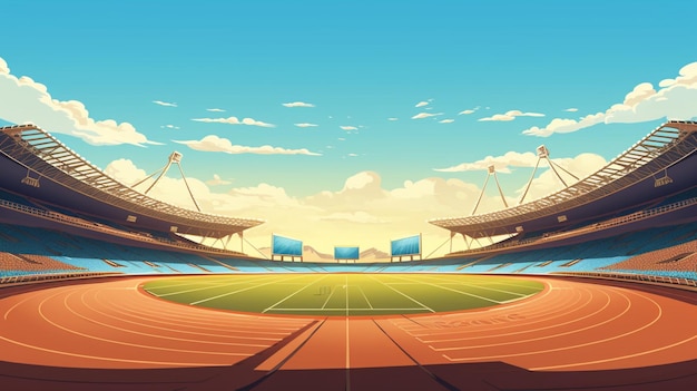 Vector una caricatura de un campo de fútbol con un estadio en el fondo