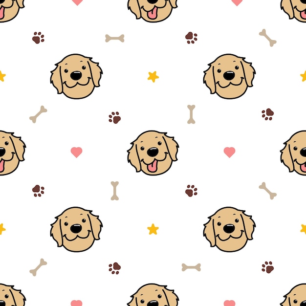 Caricatura de cara de perro golden retriever divertida con ilustración vectorial de patrón sin costuras