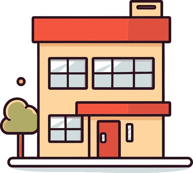 una caricatura de una casa con un árbol en la parte delantera