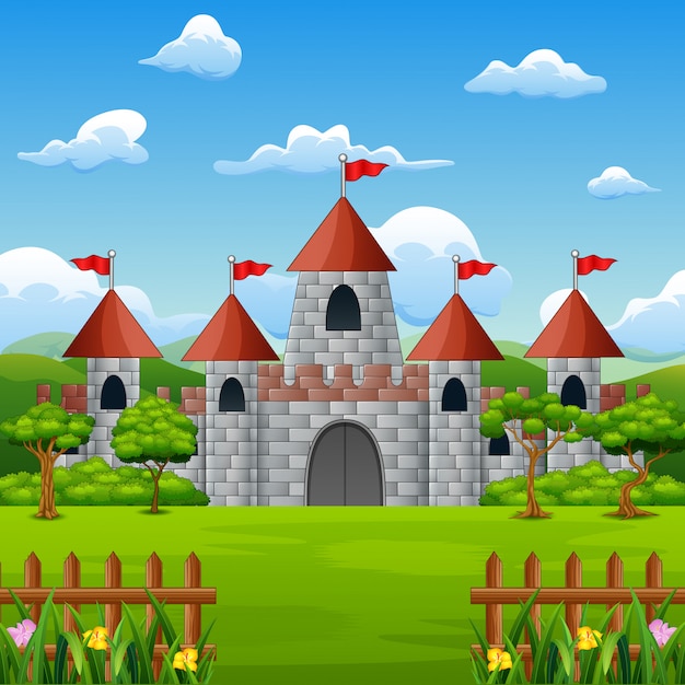 Caricatura de castillo de cuento de hadas con paisaje natural.