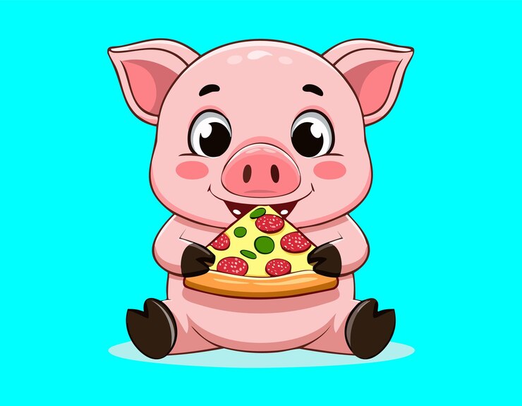 una caricatura de un cerdo comiendo una rebanada de pizza con una rebaja de pizza en ella
