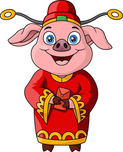 Caricatura de un cerdo con un traje tradicional chino