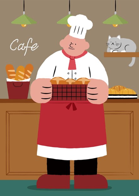 Vector una caricatura de un chef con una bandeja de comida y un gato en la mesa