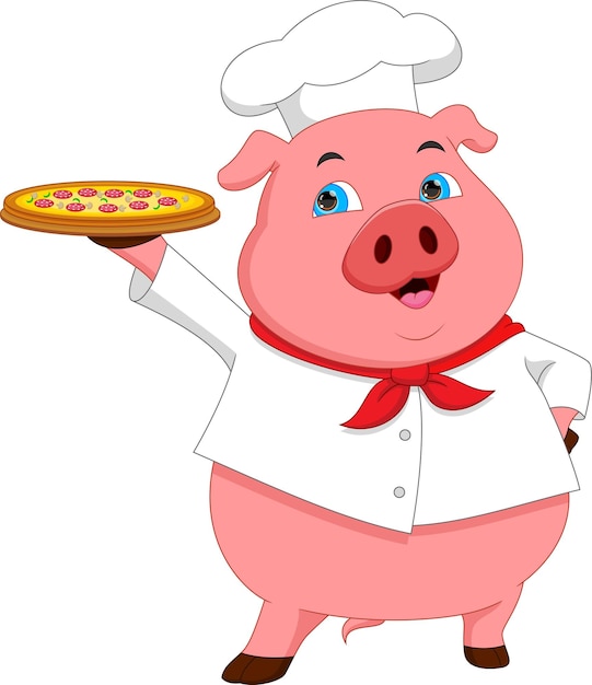 caricatura, chef, cerdo, con, pizza