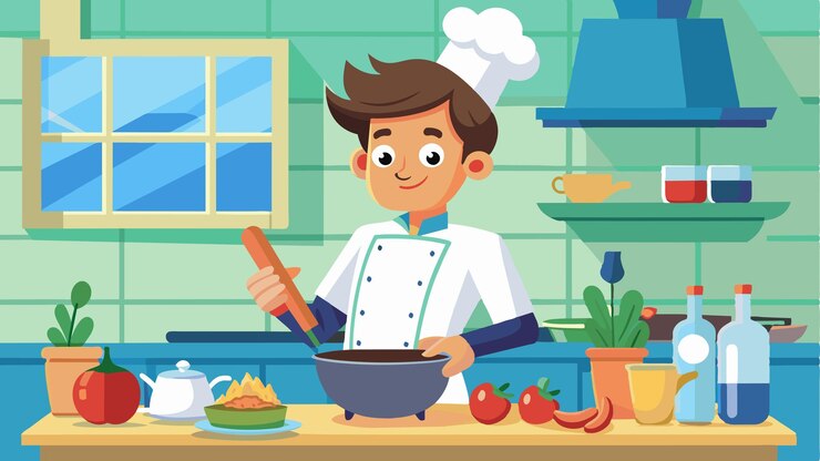 Vector una caricatura de un chef cocinando en una cocina con un perrito caliente