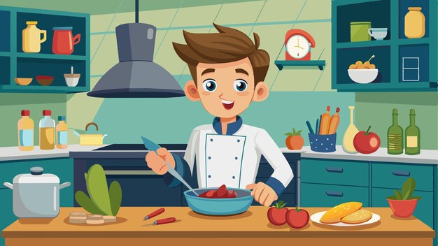 una caricatura de un chef cocinando en una cocina con un tazón de comida