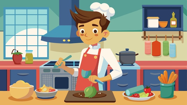 una caricatura de un chef con un cuchillo en una cocina