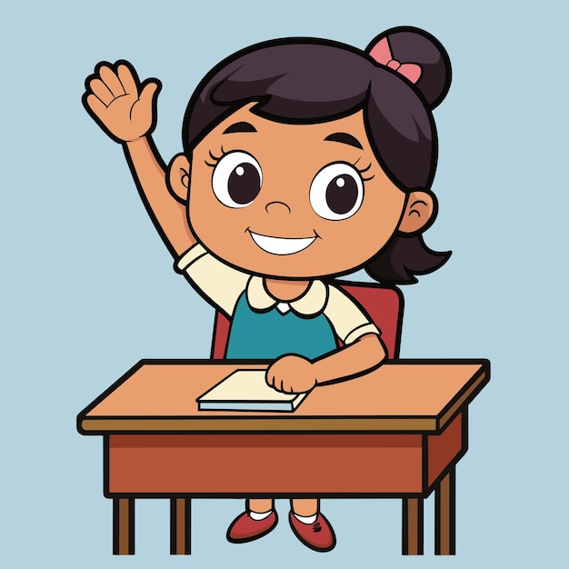 una caricatura de una chica agitando delante de un escritorio con su mano en el aire