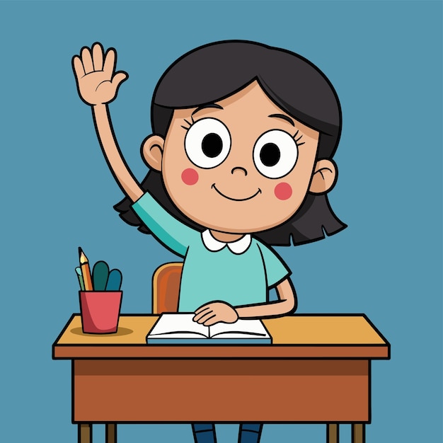 una caricatura de una chica agitando en un escritorio con un lápiz en la mano