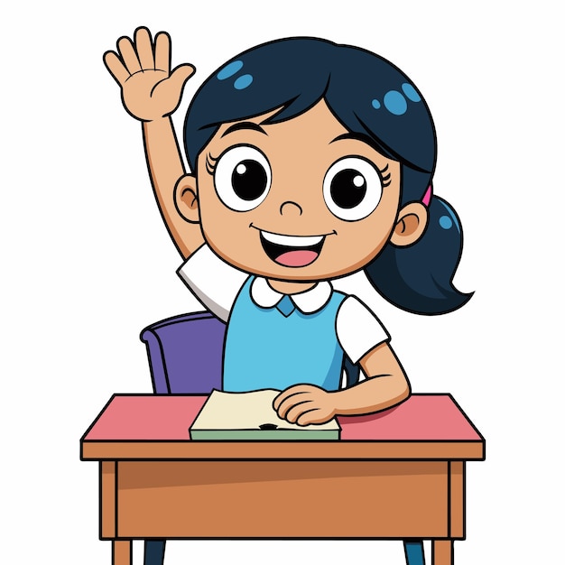 una caricatura de una chica agitando su mano en un aula