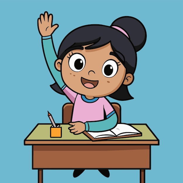 una caricatura de una chica agitando su mano en un aula
