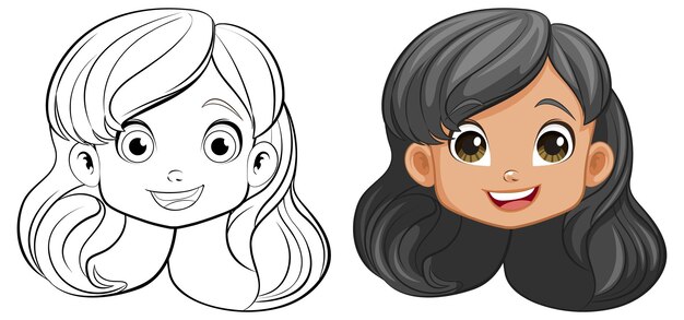 Vector caricatura de chica alegre con cabeza sonriente y contorno de doodle