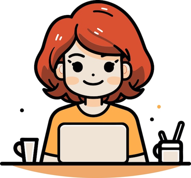 una caricatura de una chica con una computadora portátil y una taza de café