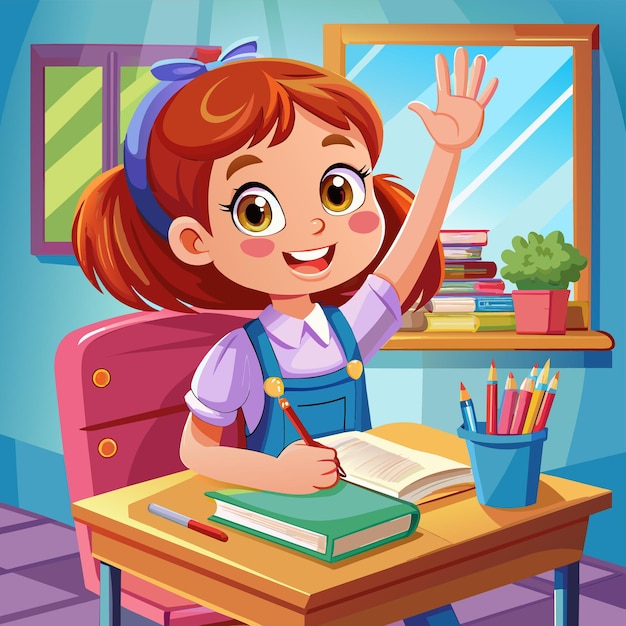 una caricatura de una chica escribiendo en un escritorio con un libro en la mano