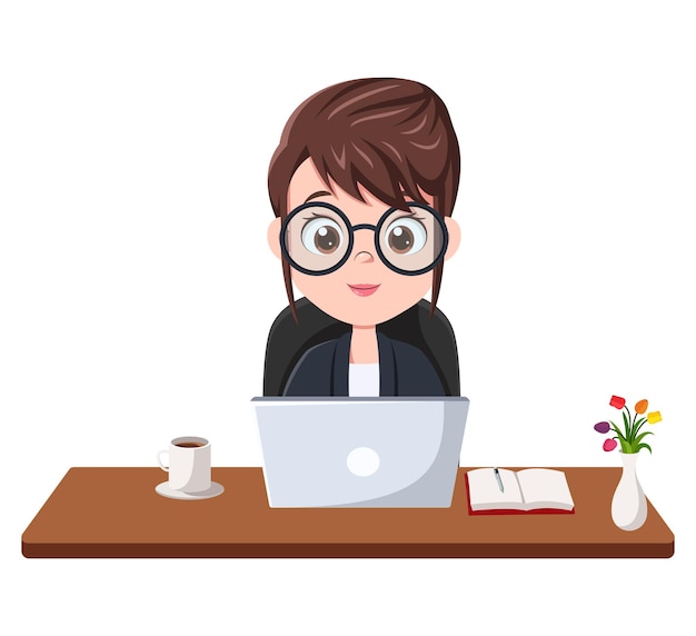 Caricatura de una chica de oficina trabajando en una computadora portátil