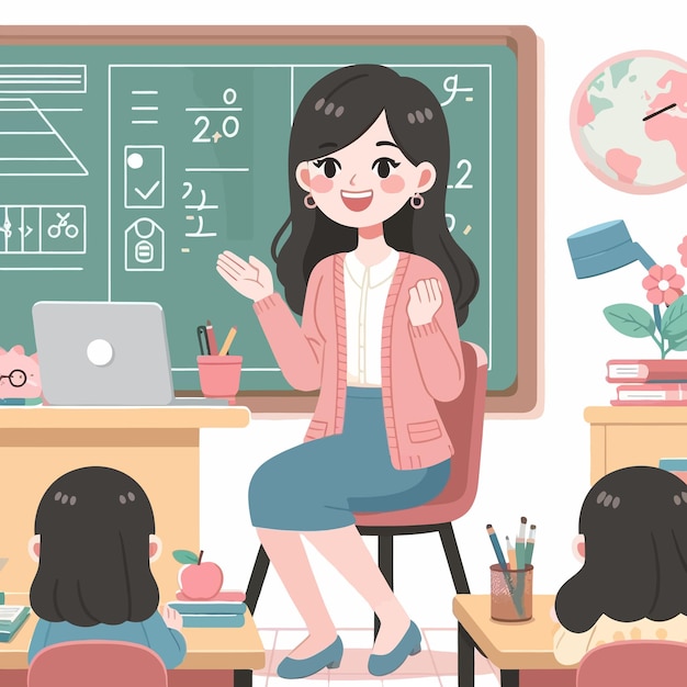 una caricatura de una chica sentada en un escritorio con su maestra delante de ella