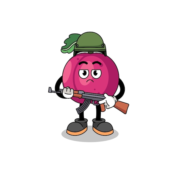caricatura, de, ciruela, fruta, soldado