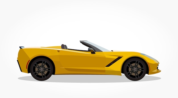 caricatura de coche convertible amarillo con detalles laterales y efecto de sombra