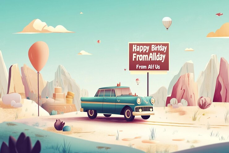Vector una caricatura de un coche que dice feliz cumpleaños en un cartel