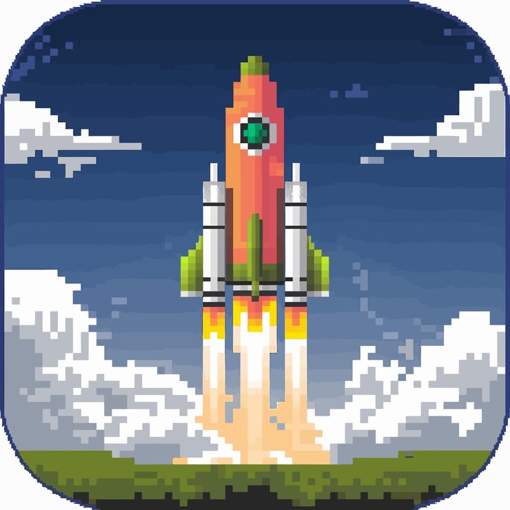 Vector una caricatura de un cohete volando en el cielo con un diamante verde en la parte inferior
