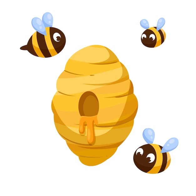 Caricatura de colmena y abejas sobre un fondo blanco Ilustración vectorial
