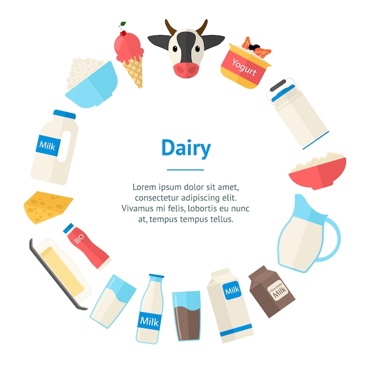 Vector caricatura, color, productos lácteos, pancarta, tarjeta, círculo, concepto lácteo, plano, diseño, estilo, incluir, botella, yogur, queso, y, salpicadura, vector, ilustración